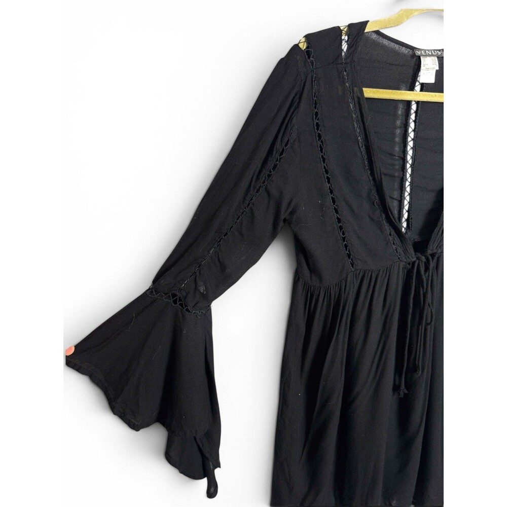 Boho Black Cut Out Bell Long Sleeve V Neck Tunic Top Womens Size S Whimsigoth
